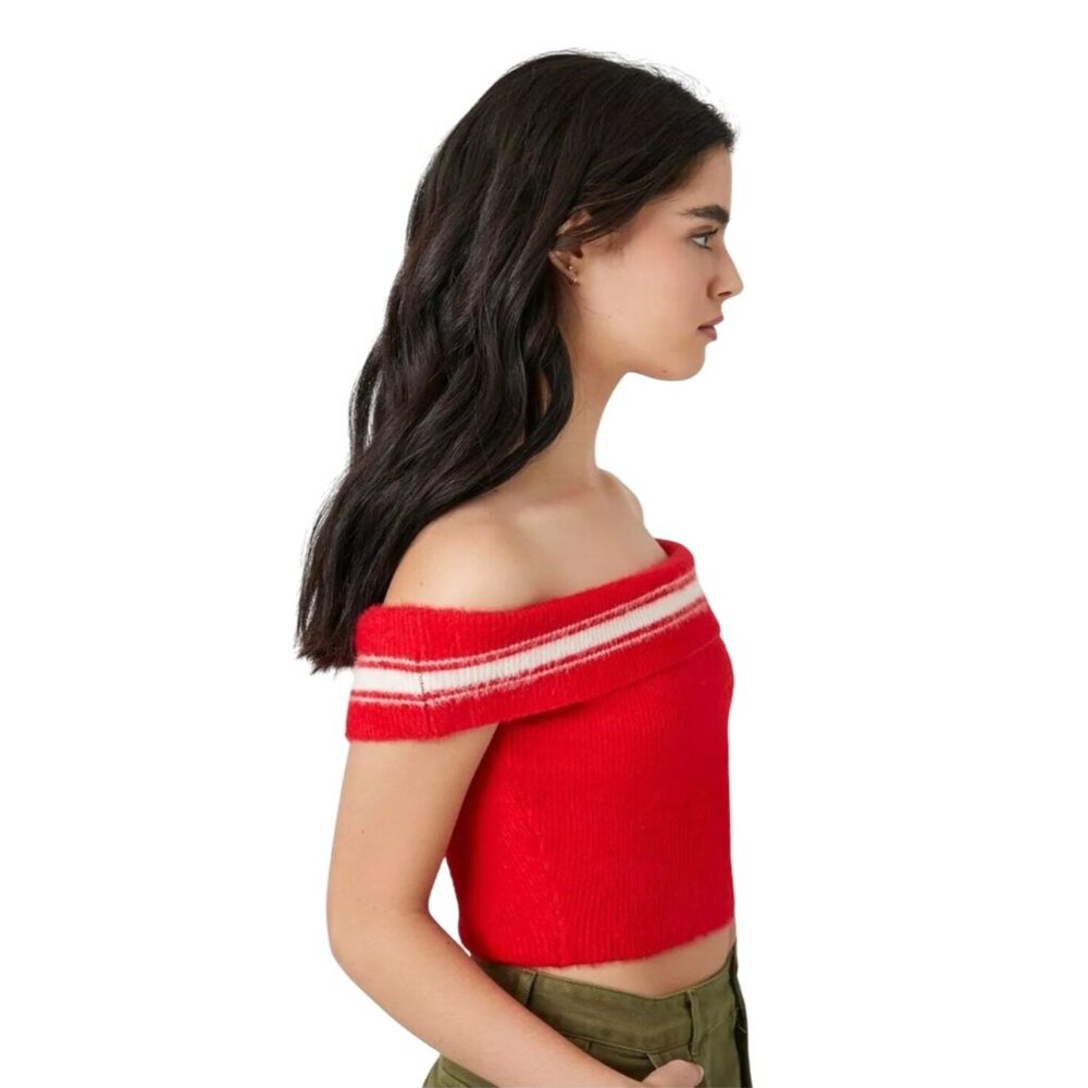 Forever 21 Women's 0X (Med) Off Shoulder Sweater-Knit Crop Top Red White Stripe - Picture 2 of 8